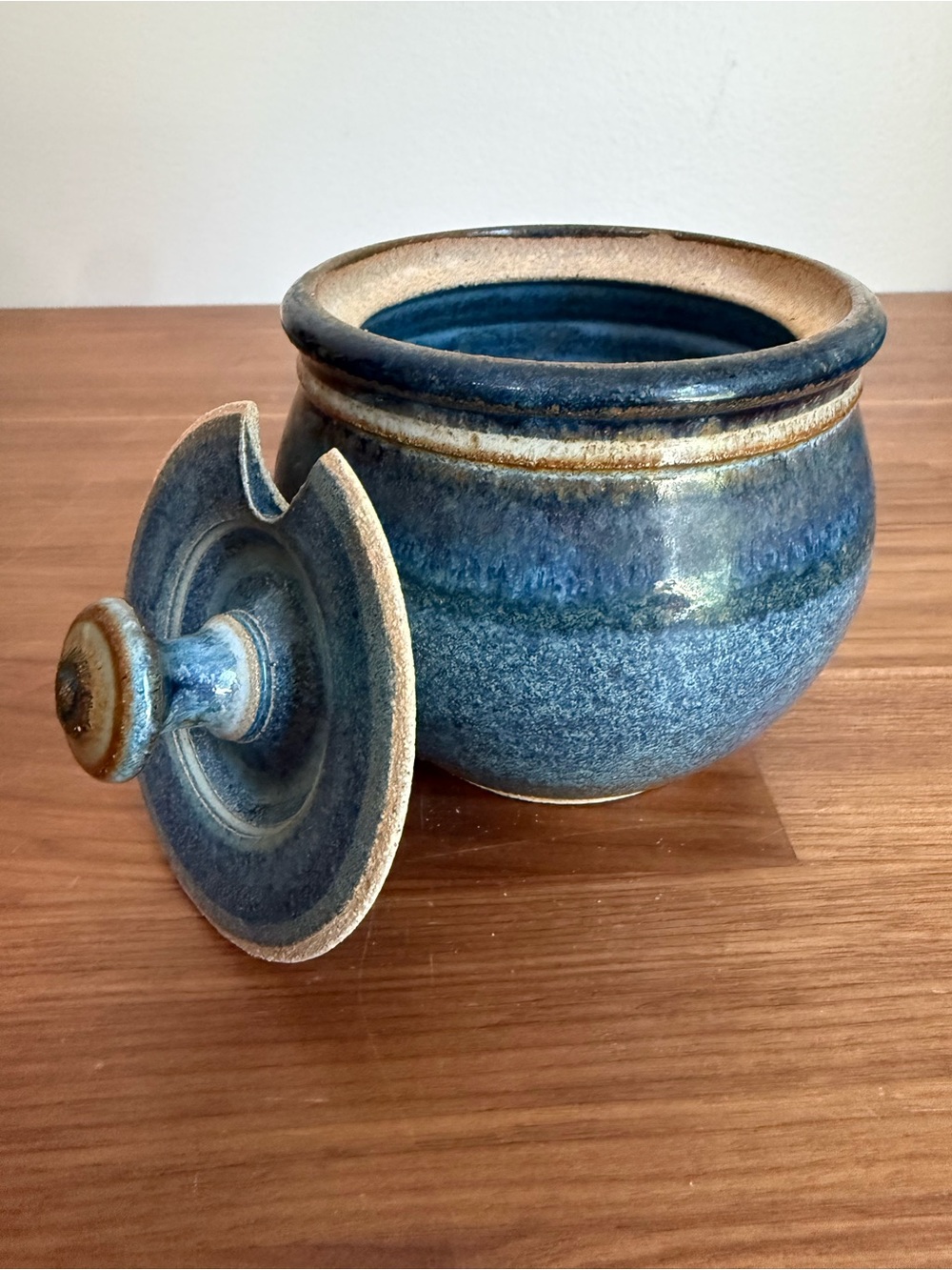Handmade Stoneware Honey Pot Jar Sugar Bowl with Spoon Slot Lid Blue Glaze